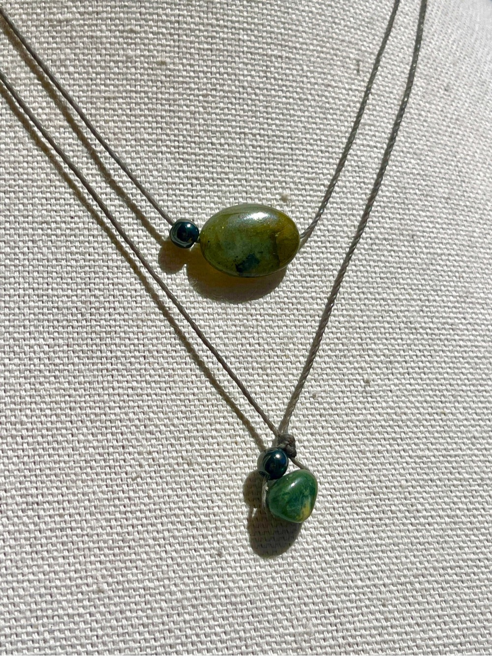 Layered Green Quartz Agate Blk Hematite Pendant Grey Cord Necklace Adjustable